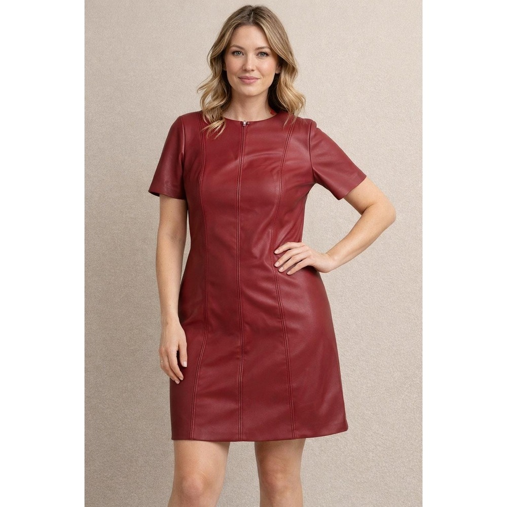 MSK Faux Leather Shift Dress Womens Large Red NEW Short Sleeve Mini Burgundy